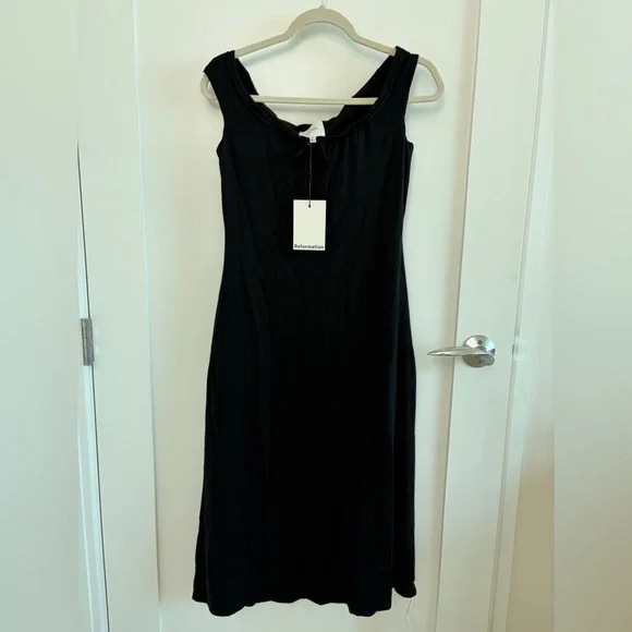 NWT Reformation Black Knit Midi Dress - Size S - Romantic Tie Front - Picture 1 of 3